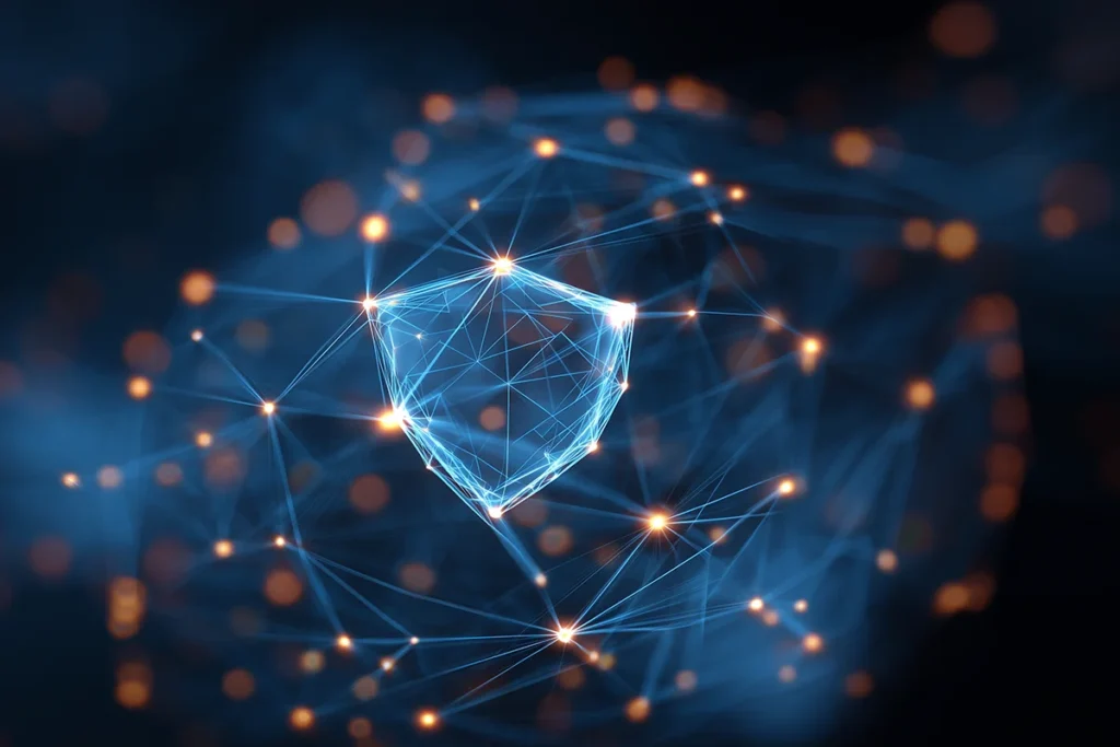 Cybersecurity services in Qatar featuring a digital padlock, secure network infrastructure, Fortinet and Palo Alto firewall solutions, Sophos antivirus for endpoint protection, Synology encrypted data backup, and email phishing protection with web filtering for business security.